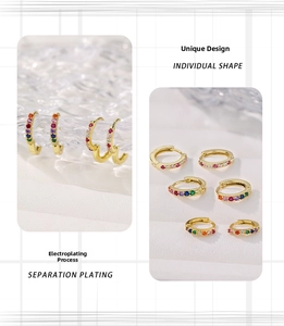 Macro detail of S925 sterling silver hoop earrings with multicolored cubic zirconia stones