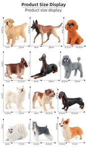 Size chart showing dimensions for 12 realistic toy dog figurines including Golden Retriever