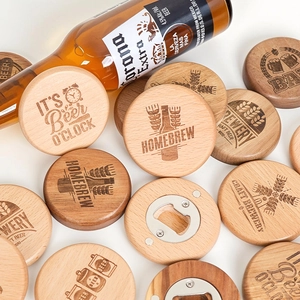 Custom wood magnetic fridge magnet beer bottle opener and coaster set for gifts