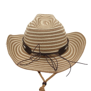 Detail of western straw hat showing leather band with silver stars and adjustable wind rope