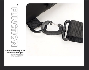 Detail of detachable swivel hook and D-ring on black shoulder bag strap for left-right swap