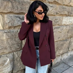 Giacca Blazer Doppio Petto Rosso Vino Per Donna Twill Tessuto Manica Lunga Revers Ufficio Business Casual