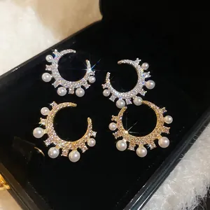 Mond-Ohrstecker Mit Zirkon Und Kunstperlen Vintage Elegantes C-Förmiges Luxusschmuckstück Mit Silberstecker Für Damen