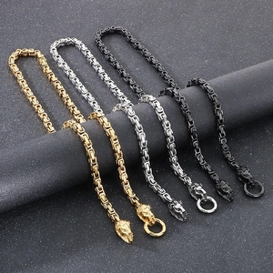 Detail of lion head clasps on men's titanium steel woven chains in gold, silver, and black