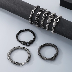 Retro punk snake head bracelet in silver and gun black finishes with titanium steel texture