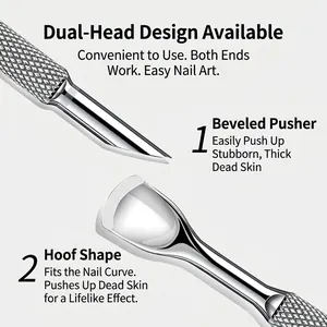 Double-ended stainless steel cuticle pusher with horseshoe-shaped and slanted tips