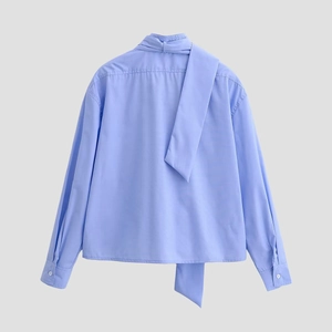 Back view of a blue long-sleeve shirt with elegant scarf tie-neck and button cuffs
