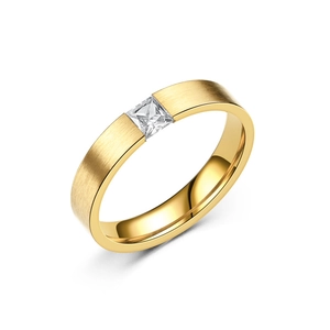 Golden brushed stainless steel ring with a single square zircon for women and men