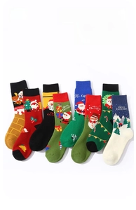 Flat lay of 8-pack Christmas crew socks with festive Santa, reindeer and tree patterns
