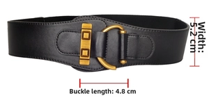 Detailed view showing the 5.2cm width and vintage gold buckle of the black elastic corset belt