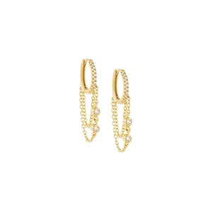 Close-up of golden S925 silver hoop earrings with double layer chain tassels and crystals