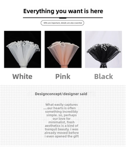 Detail view of wavy mesh flower wrapping paper with pearl edges in white, pink, and black