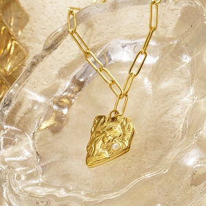 French vintage gold irregular portrait pendant necklace with pearl and paperclip chain