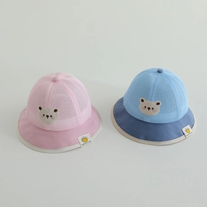 Baby Bucket Hat Breathable Mesh Sun Protection Summer Cartoon Bear Embroidery Wide Brim Fisherman Cap For Toddlers