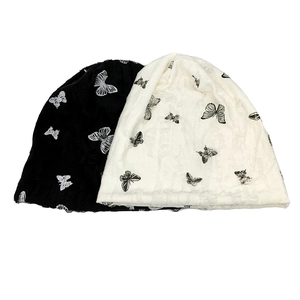 Japanese butterfly knit beanie set in black and white with vintage distressed details
