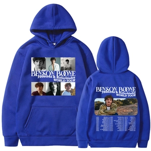 Detailed front and back view of Benson Boone tour hoodie in bright blue cotton fabric