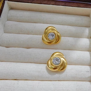 Titanium steel round rose flower stud earrings with zircon inlay in 18k gold plating