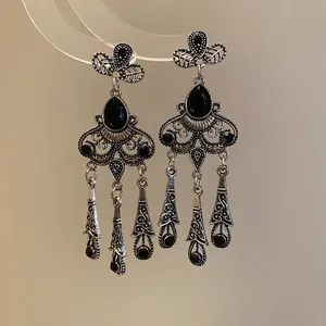 Vintage Palace Tassel Dangle Earrings Alloy Black Rhinestone Flower Leaf With 925 Sterling Silver Earring Post Women