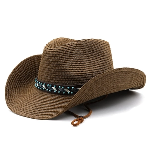 Unisex dark brown woven jazz straw hat with beaded band and adjustable chin strap
