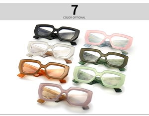 Detailed grid display of thick geometric polygon eyeglass frames in seven colors
