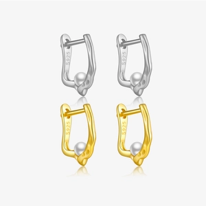 Artificial Pearl Hoop Earrings 925 Sterling Silver Irregular Geometric Huggie Minimalist Elegant Jewelry For Women