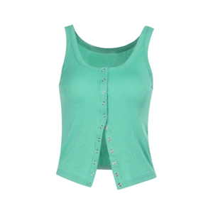 Detail of green ribbed knit tank top showing metal snap buttons and texture