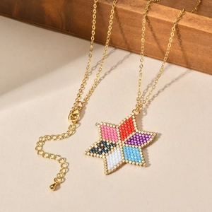 Bohemian colorful seed bead star pendant necklace with gold metal chain and lobster clasp