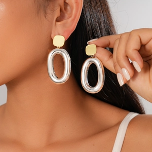 Geometric Oval Dangle Earrings With Silver Earring Post 18K Gold Plated Two Tone Alloy Statement Jewelry For Women