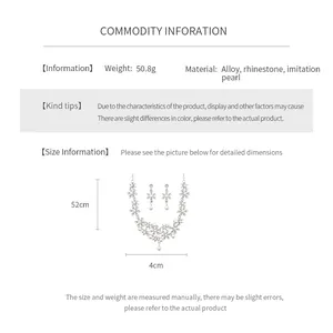 Size specifications and macro dimensions for the pearl and rhinestone floral jewelry set