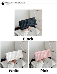 Detailed close-up of quilted wave texture on long PU leather wallets in black, white and pink