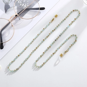 Fashionable light blue beaded sunglasses chain with gold accents and anti-slip hooks