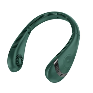 Portable dark green neck fan with digital display and foldable silent cooling turbine