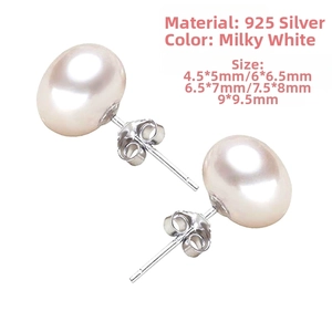 Detailed size comparison of white S925 sterling silver freshwater pearl stud earrings
