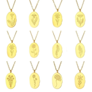 Gold stainless steel oval floral pendant necklace set with 12 monthly flower designs