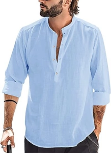 Detail of light blue linen-style shirt featuring mandarin collar and buttoned placket