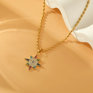 Chic golden bead chain necklace with colorful zircon star pendant and white crystal details