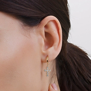 Luxe S925 silver needle cross earrings with circular zircon inlay on gold plated hoops