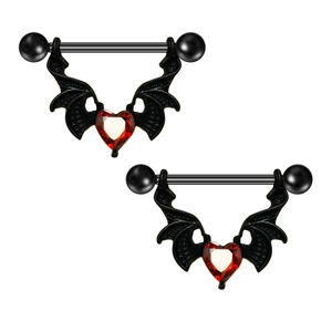 Paire de piercings de mamelon gothiques ailes de chauve-souris et cœur rouge