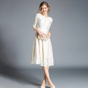 Elegant cream lace embroidered midi dress with elbow sleeves and slim fit A-line silhouette