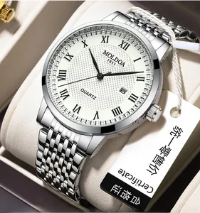 Close-up of business quartz watch with white embossed dial and silver steel band