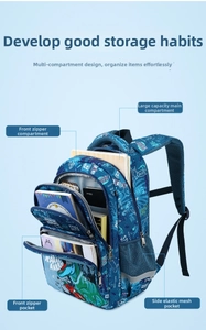Detail view of the multi-compartment interior and durable blue dinosaur kids backpack