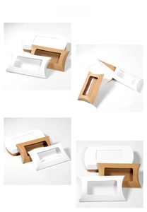 Foldable pillow boxes in white and kraft brown with clear PVC window for gift display