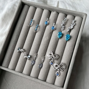 Detailed view of S925 sterling silver earrings with blue heart and drop zirconia stones