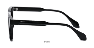 Detail view of smooth glossy black frames and curved temples of these square sunglasses
