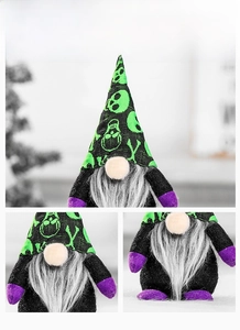 Detailed display of Halloween gnome with skull hat and purple legs in a macro collage