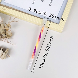 Detailed view of rainbow gradient ink gel pen with dimensions in a lifestyle office setting