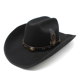 Classic black wool felt western cowboy hat with studded leather band and spotted feather