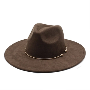 Dark brown suede wide brim fedora hat for men and women with gold metal ring detail
