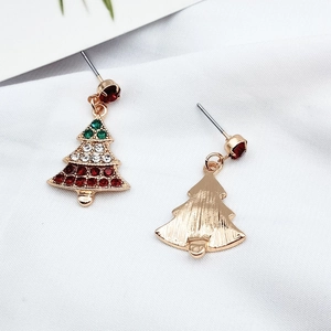 Elegant gold Christmas tree earrings with sparkling red green and white rhinestones