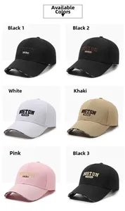 Detail of embroidered BOSTON 1630 logo on various colors of cotton baseball caps